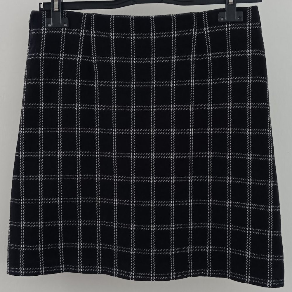 Jjill Size S black and white plaid pull-on A-line skirt Jersey Cotton Blend